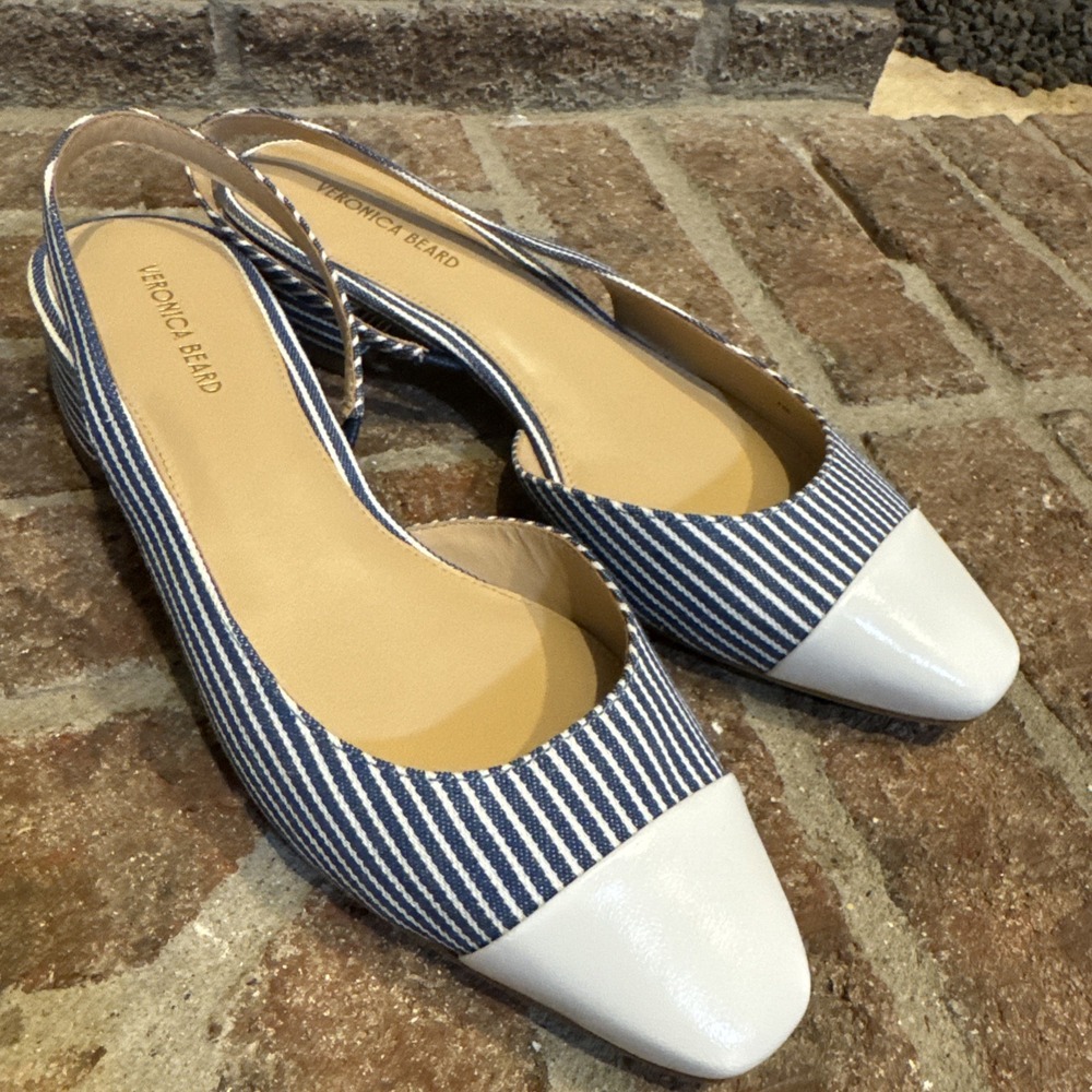 Veronica Beard Cecile Leather Canvas Woman Sz 7 Blue Stripe Slingback #812